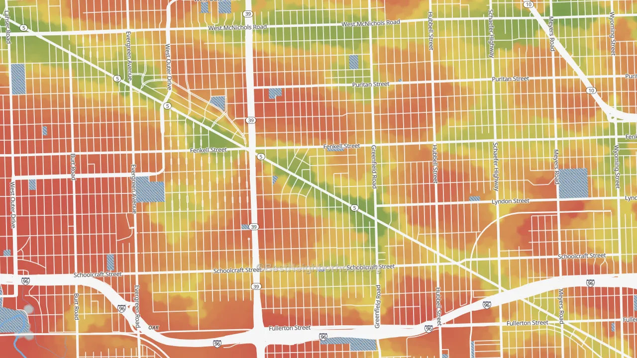 Walk Grade map of Grandmont-Rosedale, Detroit, MI, walkable areas in green and car-dependent areas in red