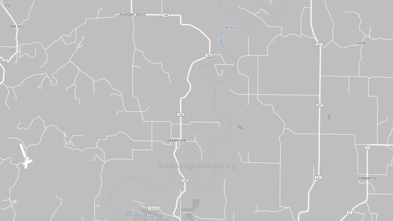 Walk Grade map of Grandview, AR, walkable areas in green and car-dependent areas in red