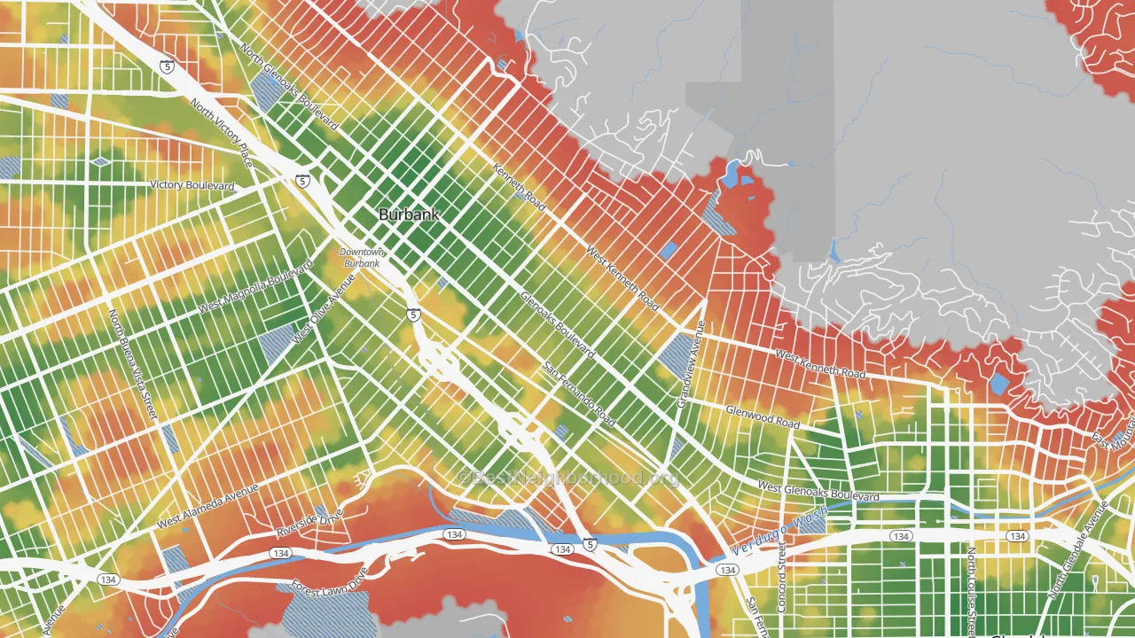Walk Grade map of Grandview, Glendale, CA, walkable areas in green and car-dependent areas in red