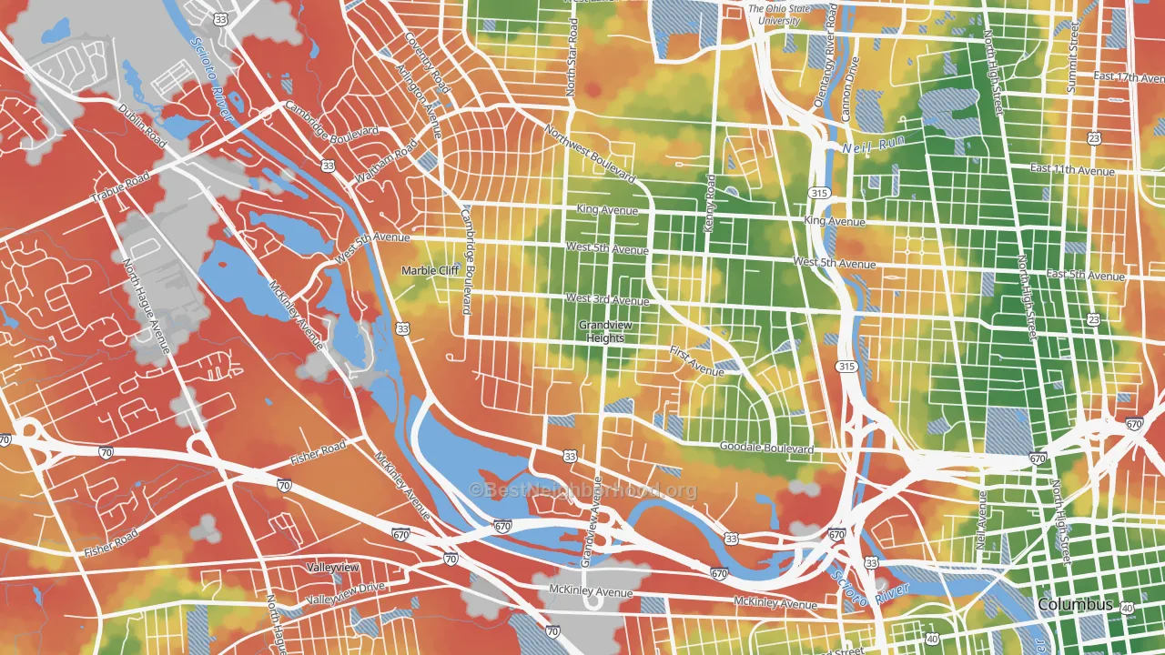 Walk Grade map of Grandview Heights, OH, walkable areas in green and car-dependent areas in red