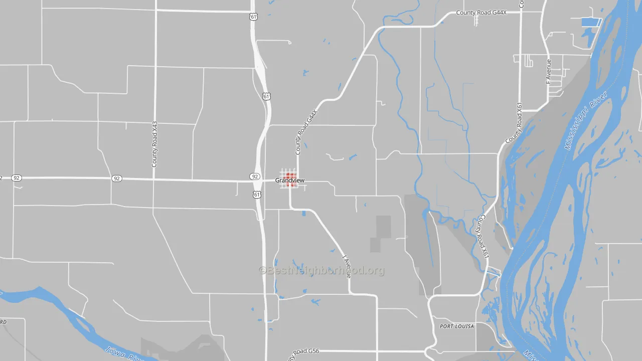Walk Grade map of Grandview, IA, walkable areas in green and car-dependent areas in red