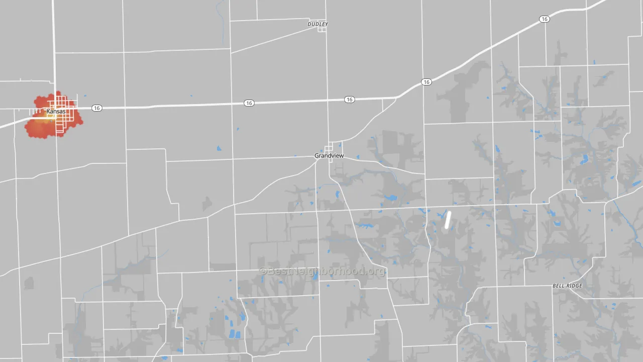 Walk Grade map of Grandview, IL, walkable areas in green and car-dependent areas in red