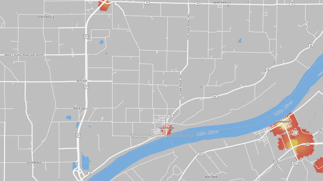 Walk Grade map of Grandview, IN, walkable areas in green and car-dependent areas in red