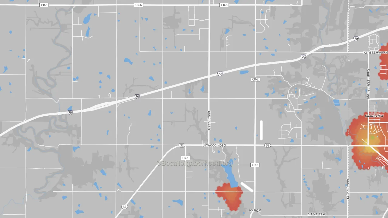 Walk Grade map of Grandview, KS, walkable areas in green and car-dependent areas in red