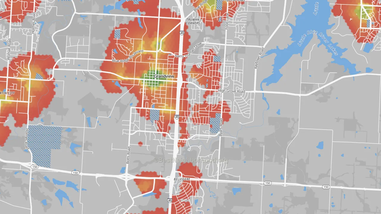 Walk Grade map of Grandview, MO, walkable areas in green and car-dependent areas in red