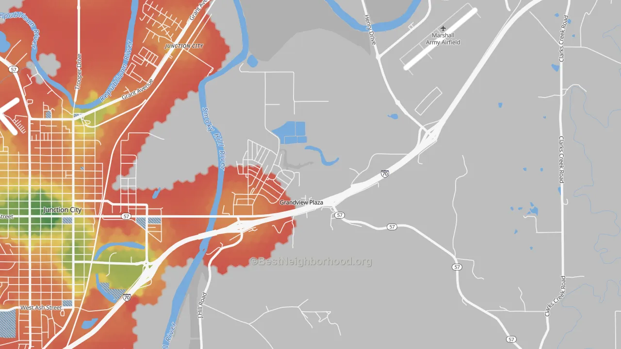 Walk Grade map of Grandview Plaza, KS, walkable areas in green and car-dependent areas in red