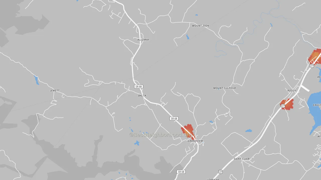 Walk Grade map of Grandview, TN, walkable areas in green and car-dependent areas in red