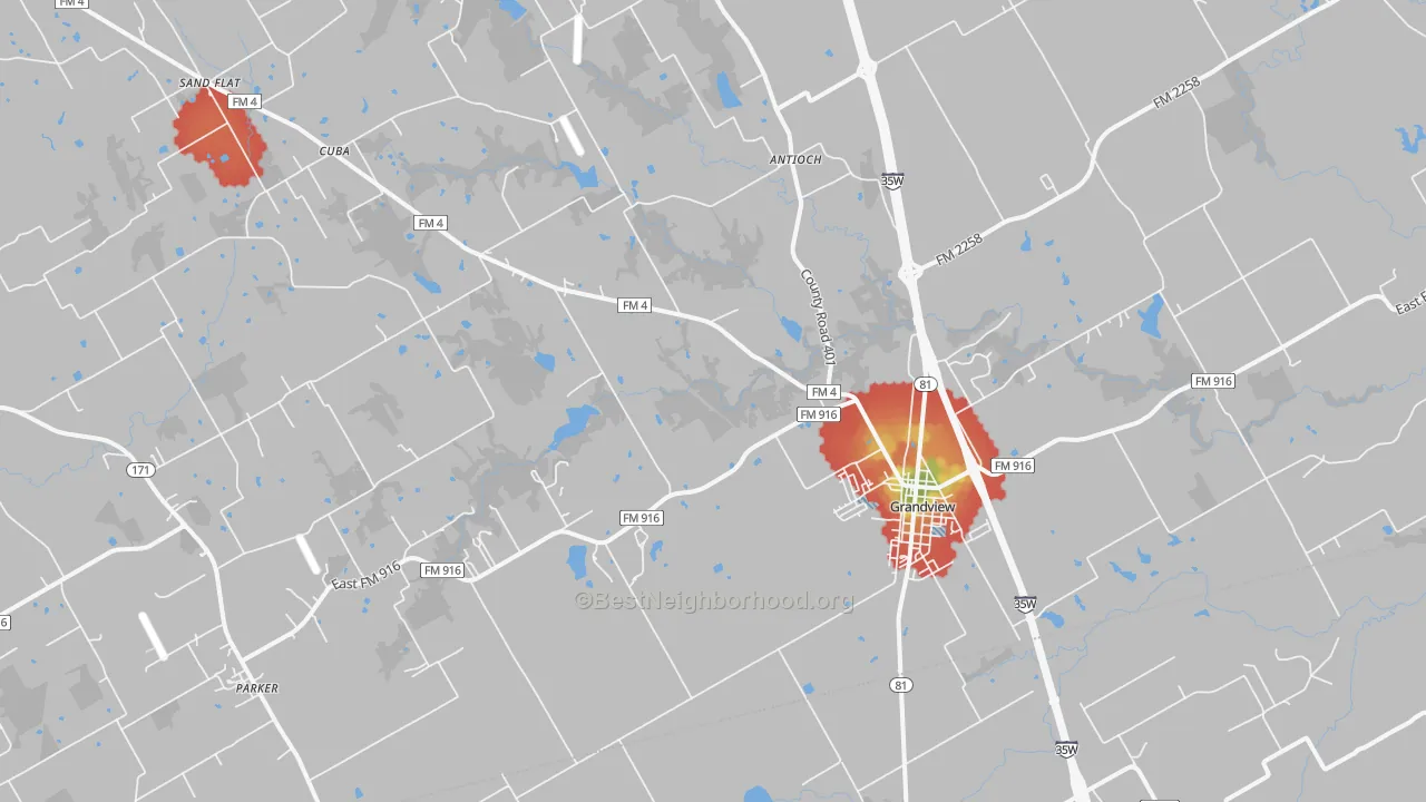 Walk Grade map of Grandview, TX, walkable areas in green and car-dependent areas in red