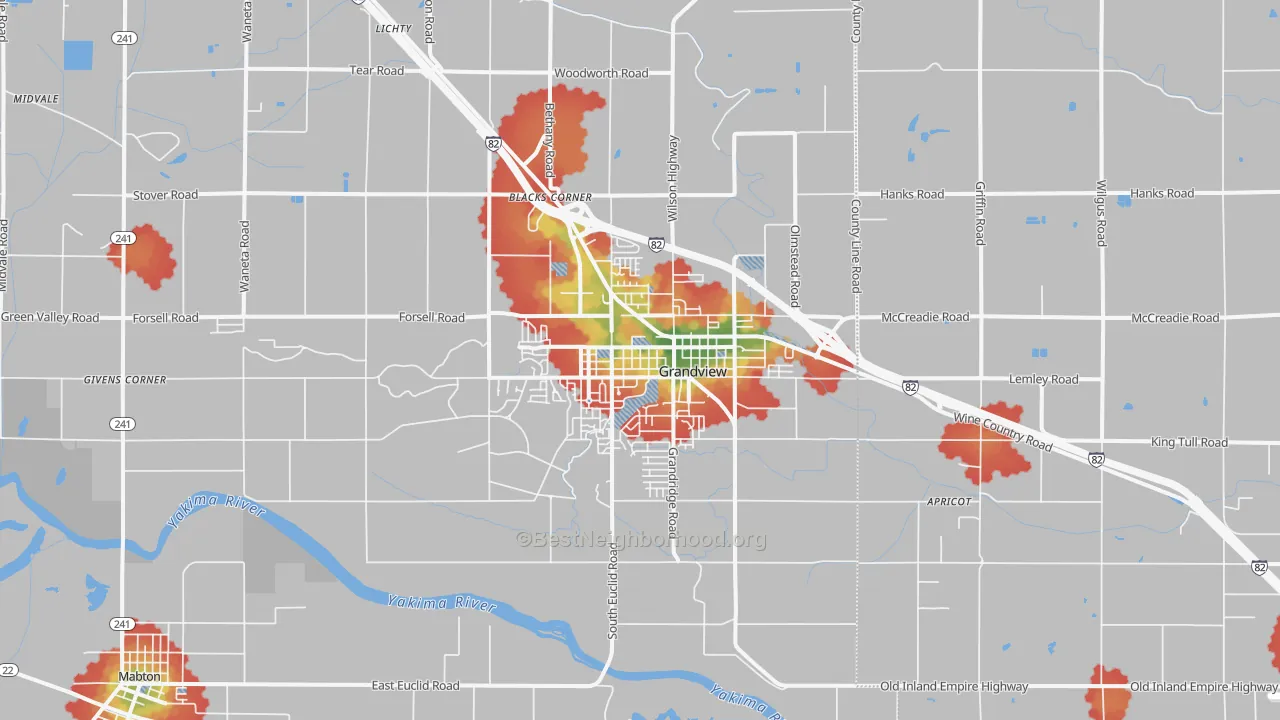Walk Grade map of Grandview, WA, walkable areas in green and car-dependent areas in red