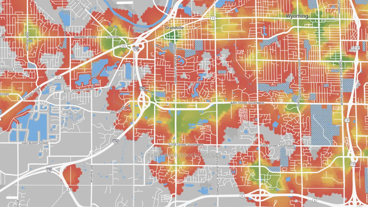 Walk Grade map of Grandville, MI, walkable areas in green and car-dependent areas in red