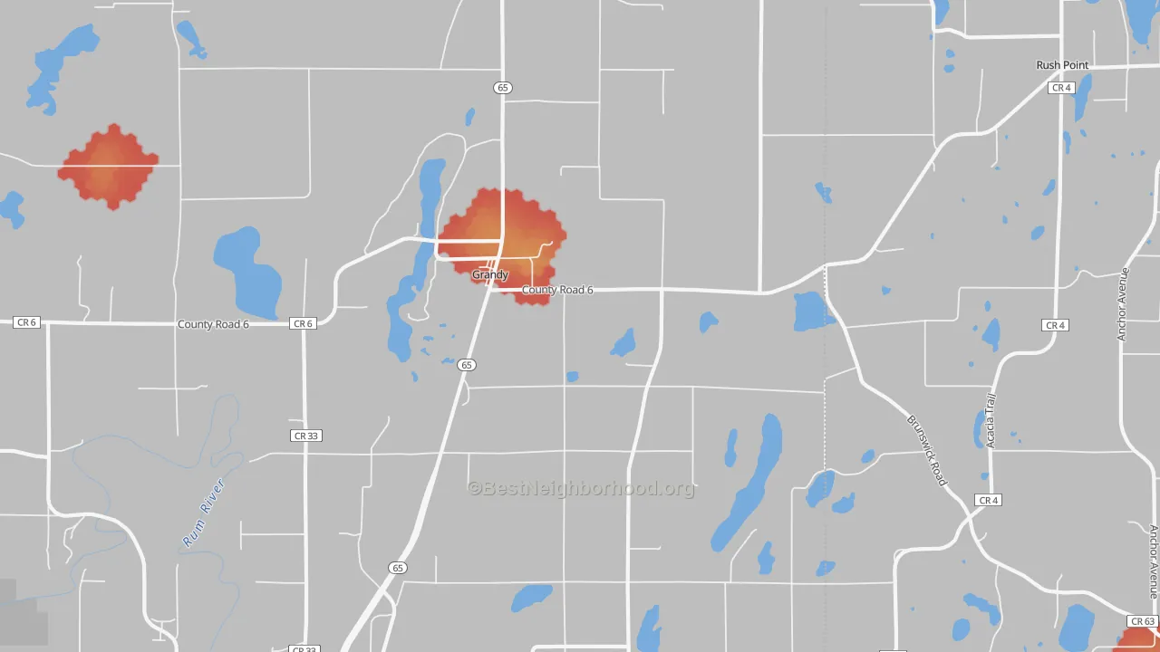 Walk Grade map of Grandy, MN, walkable areas in green and car-dependent areas in red