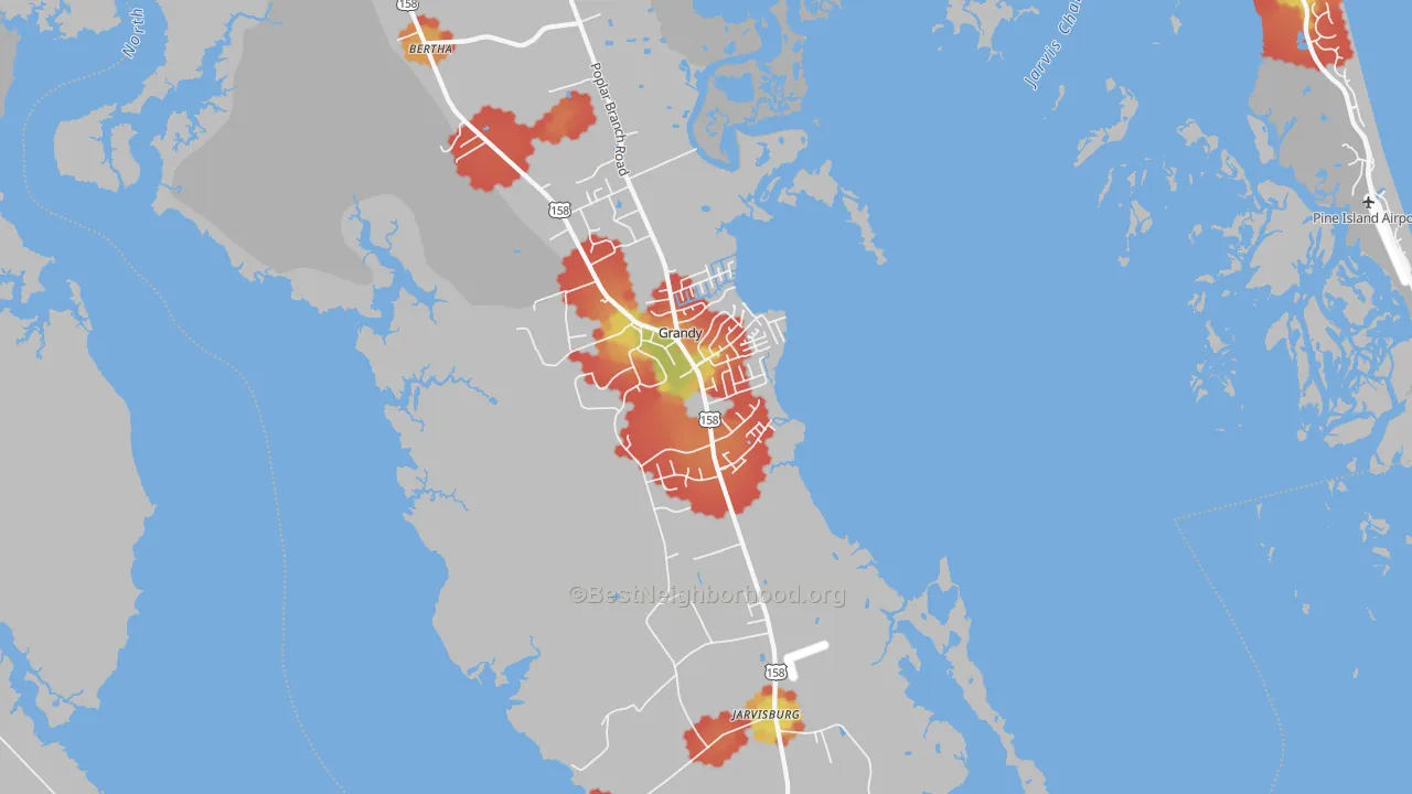 Walk Grade map of Grandy, NC, walkable areas in green and car-dependent areas in red