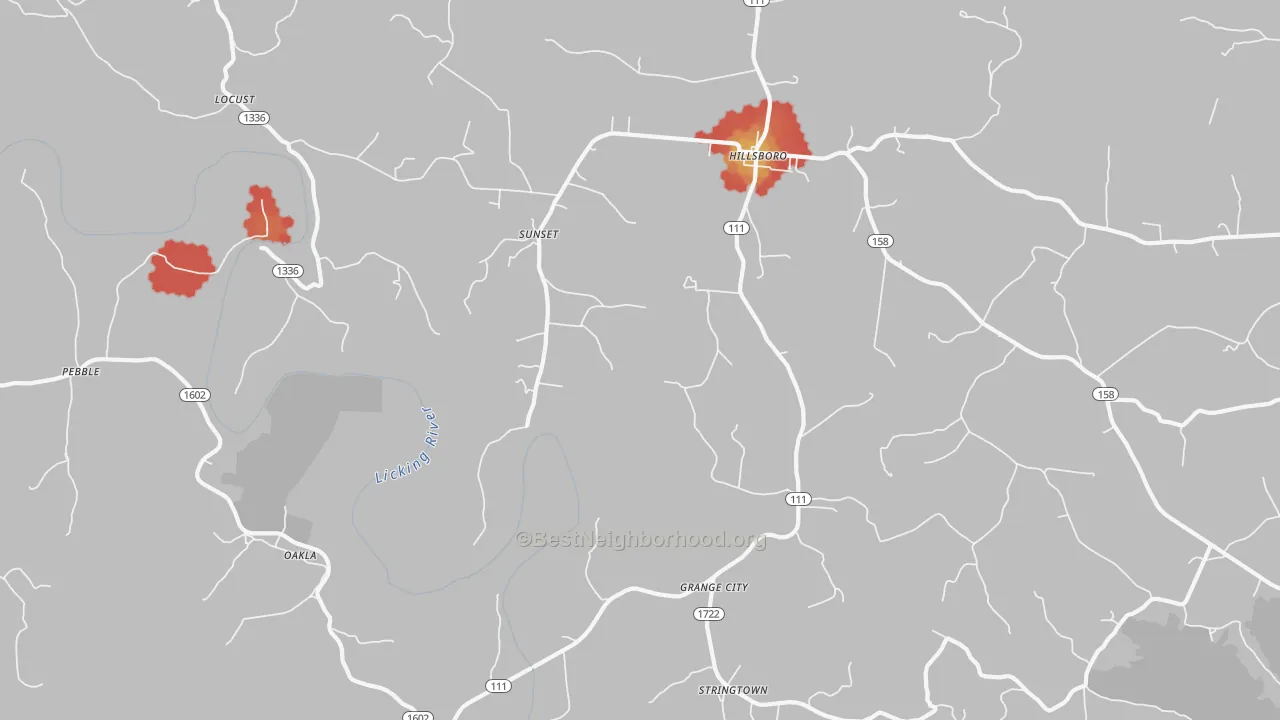 Walk Grade map of Grange City, KY, walkable areas in green and car-dependent areas in red