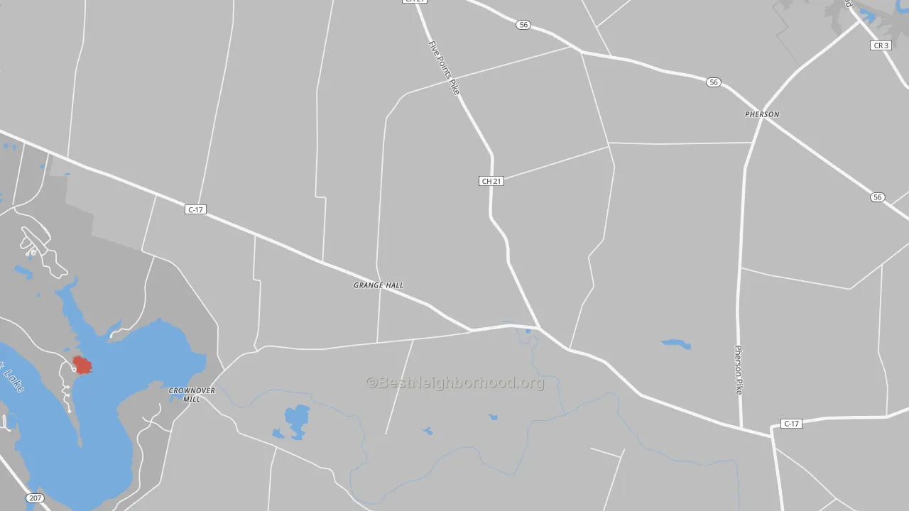 Walk Grade map of Grange Hall, OH, walkable areas in green and car-dependent areas in red