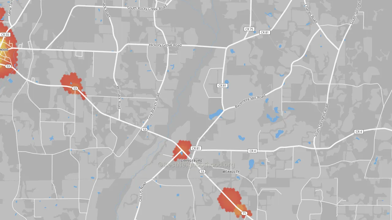 Walk Grade map of Grangeburg, AL, walkable areas in green and car-dependent areas in red