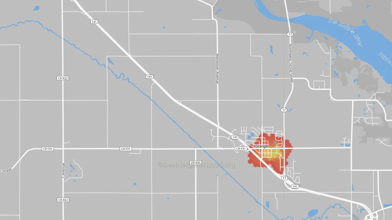 Walk Grade map of Granger Homesteads, IA, walkable areas in green and car-dependent areas in red