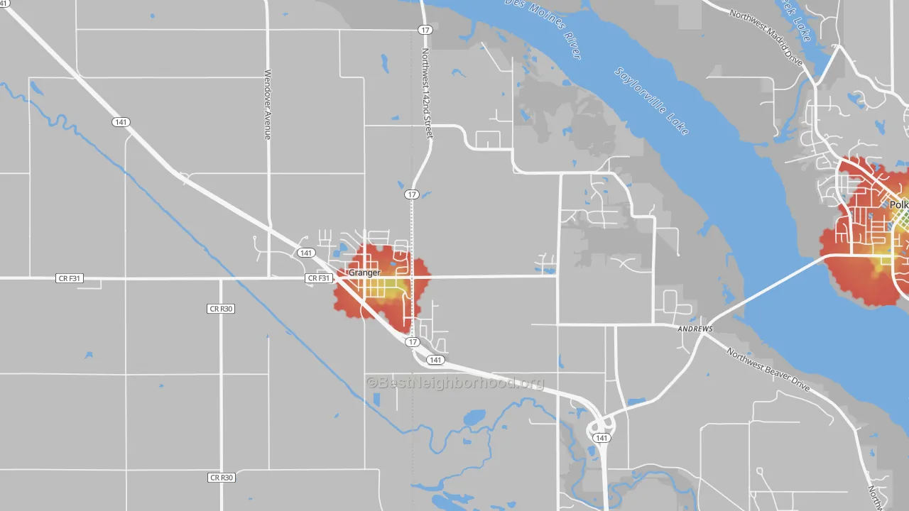 Walk Grade map of Granger, IA, walkable areas in green and car-dependent areas in red