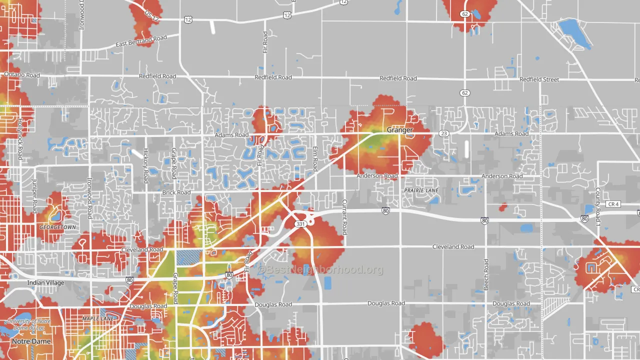 Walk Grade map of Granger, IN, walkable areas in green and car-dependent areas in red