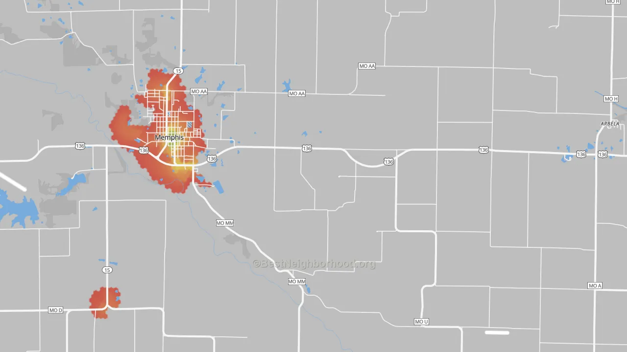 Walk Grade map of Granger, MO, walkable areas in green and car-dependent areas in red