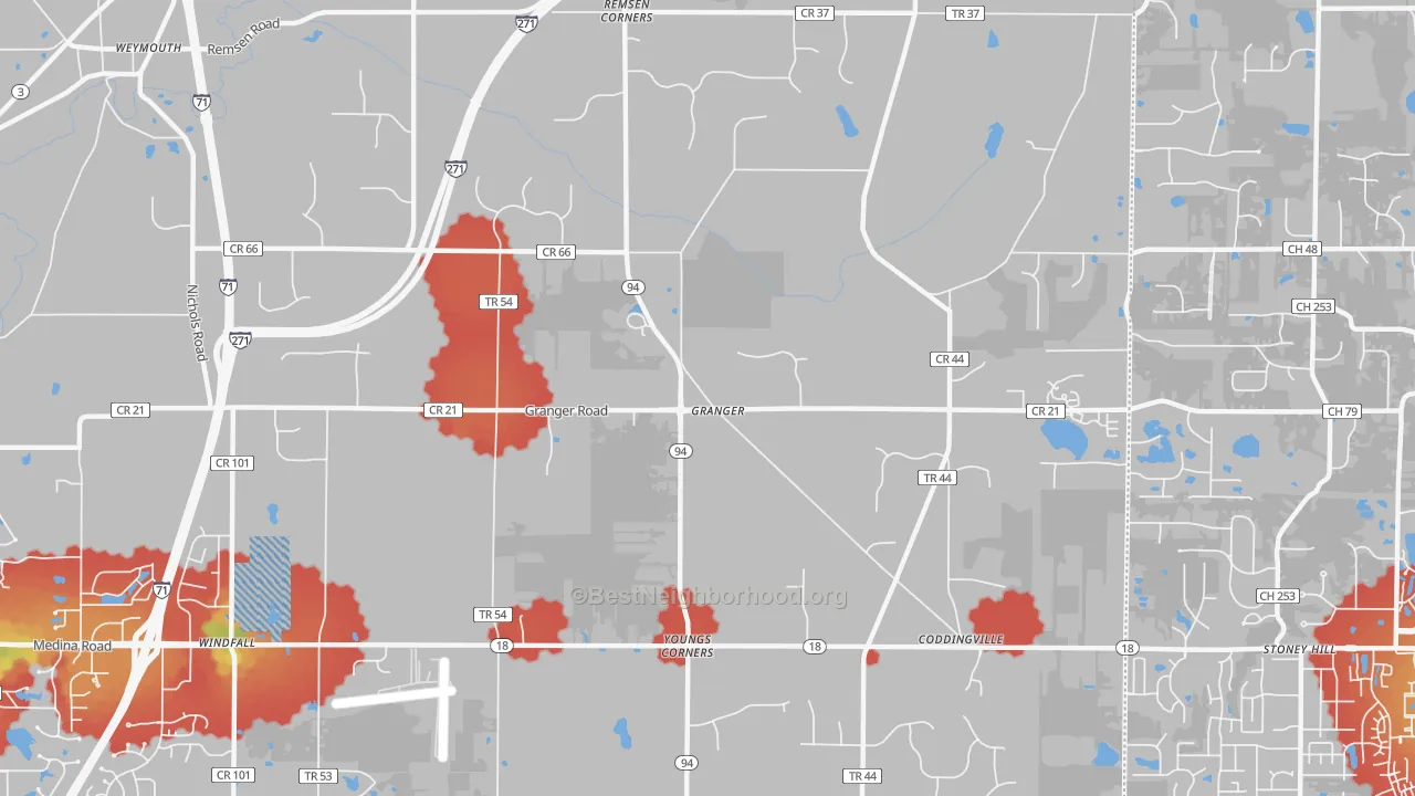Walk Grade map of Granger, OH, walkable areas in green and car-dependent areas in red