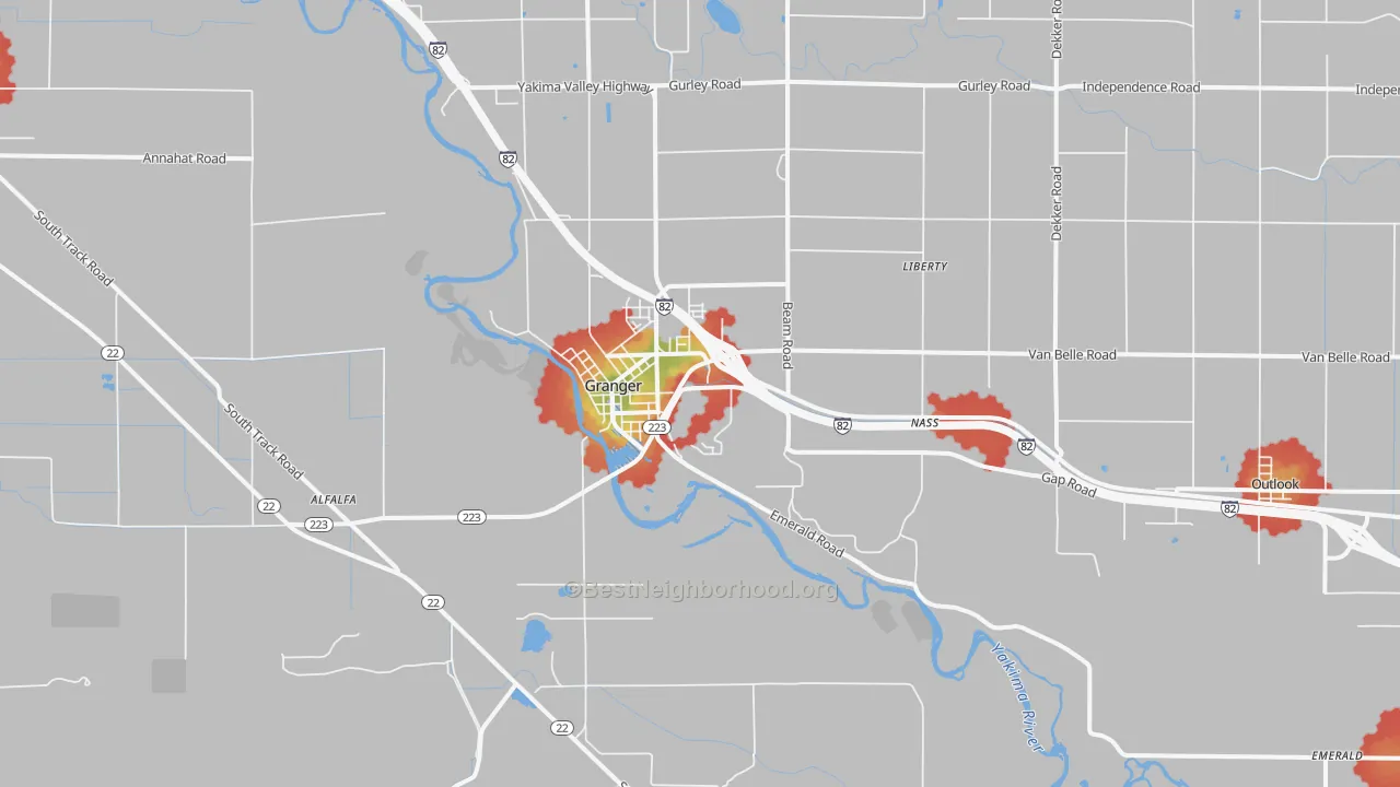 Walk Grade map of Granger, WA, walkable areas in green and car-dependent areas in red