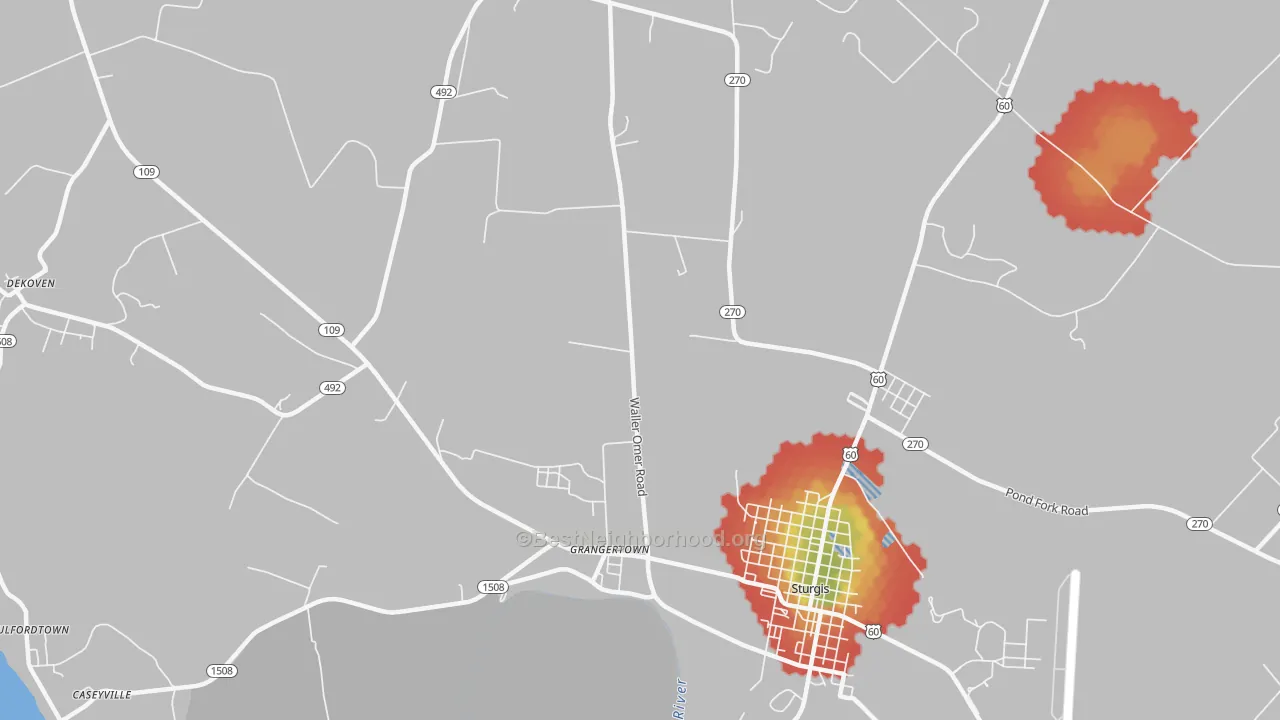 Walk Grade map of Grangertown, KY, walkable areas in green and car-dependent areas in red