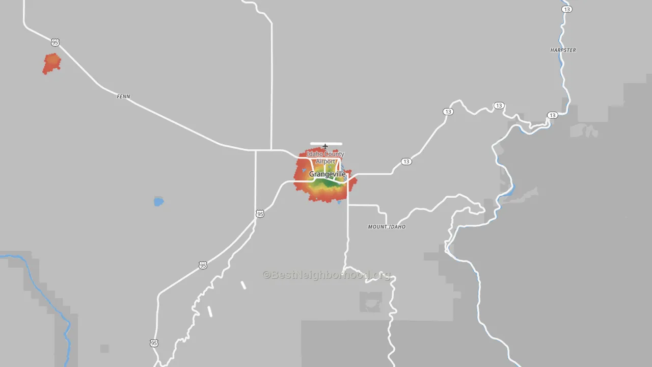 Walk Grade map of Grangeville, ID, walkable areas in green and car-dependent areas in red