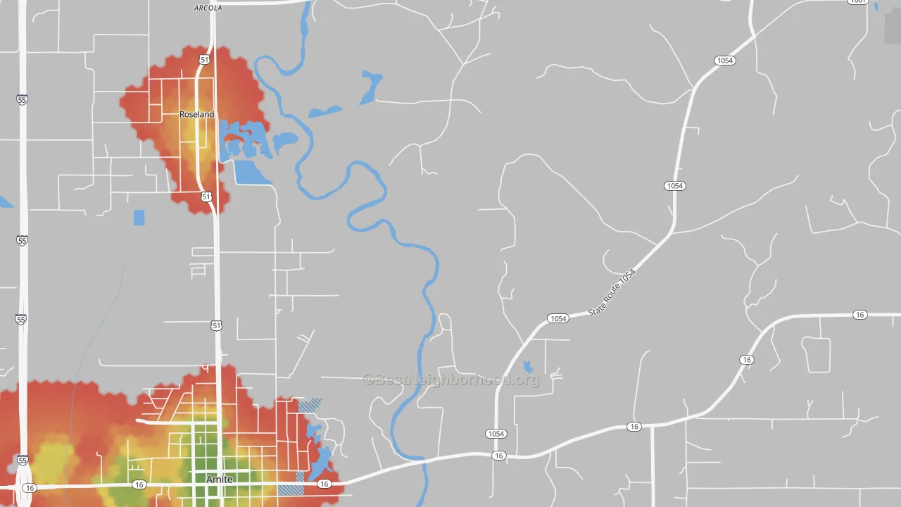 Walk Grade map of Grangeville, LA, walkable areas in green and car-dependent areas in red