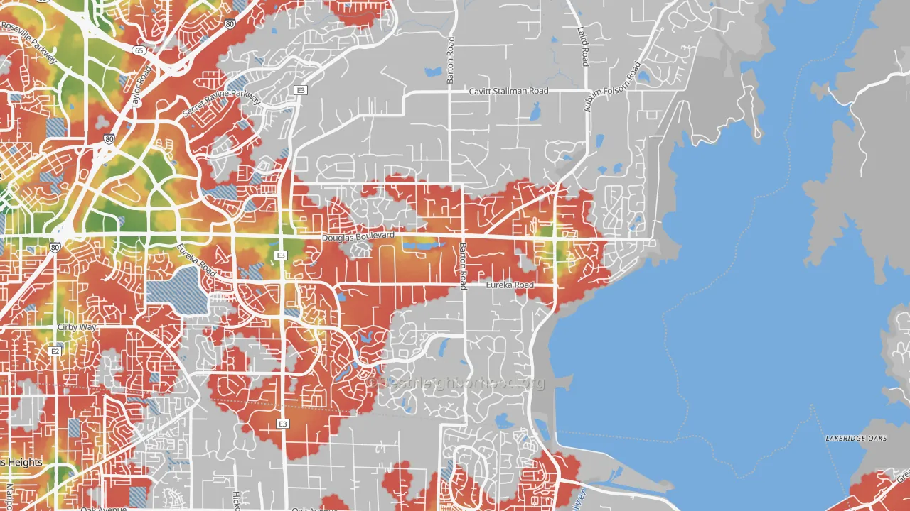 Walk Grade map of Granite Bay, CA, walkable areas in green and car-dependent areas in red