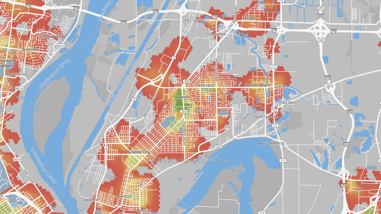 Walk Grade map of Granite City, IL, walkable areas in green and car-dependent areas in red