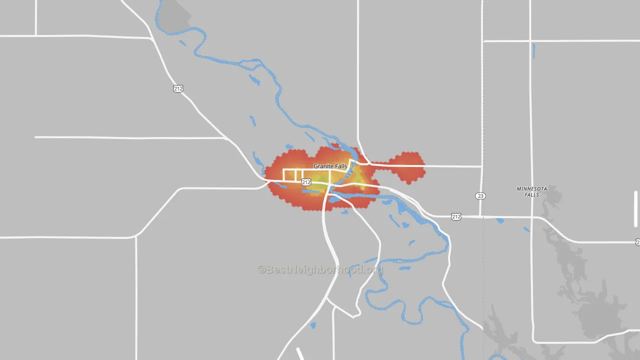 Walk Grade map of Granite Falls, MN, walkable areas in green and car-dependent areas in red