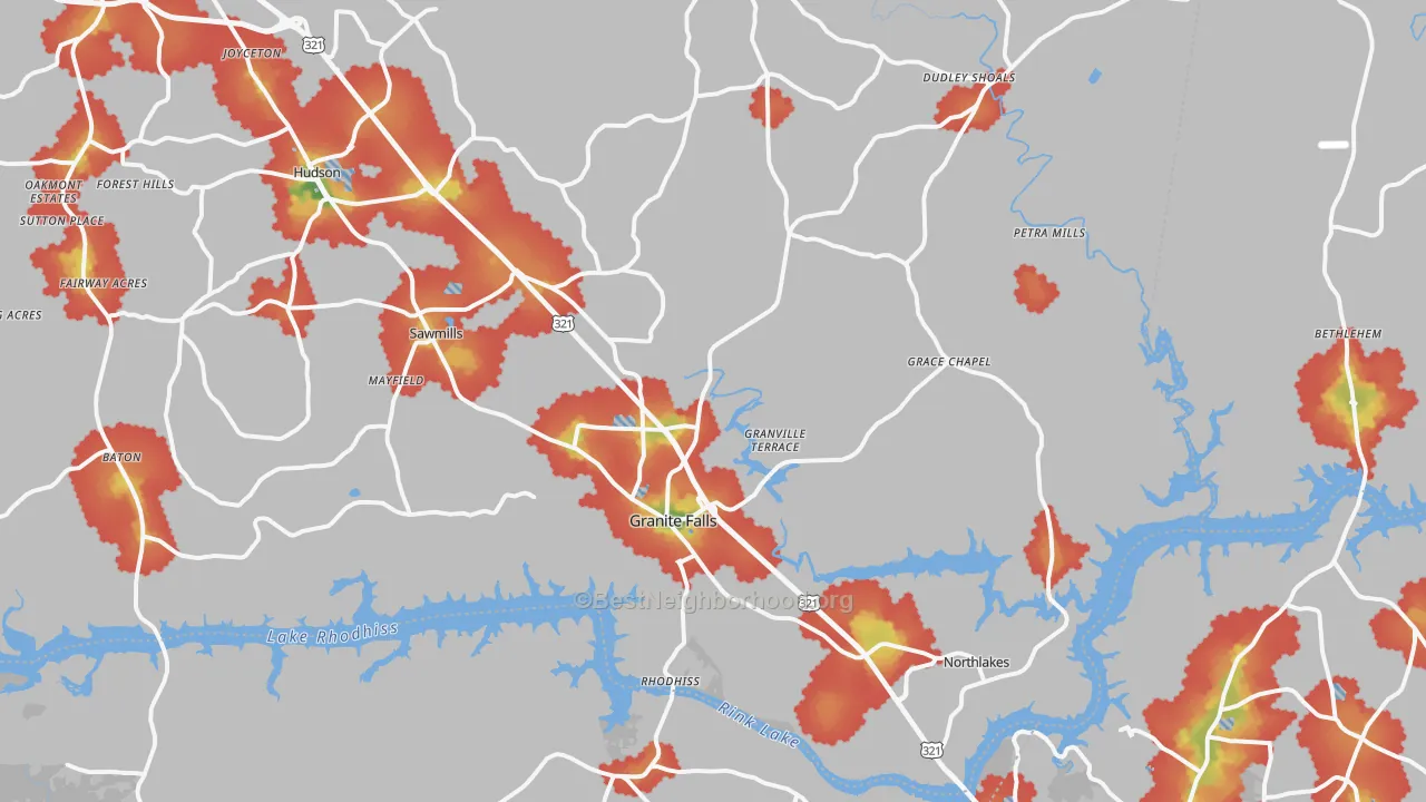 Walk Grade map of Granite Falls, NC, walkable areas in green and car-dependent areas in red