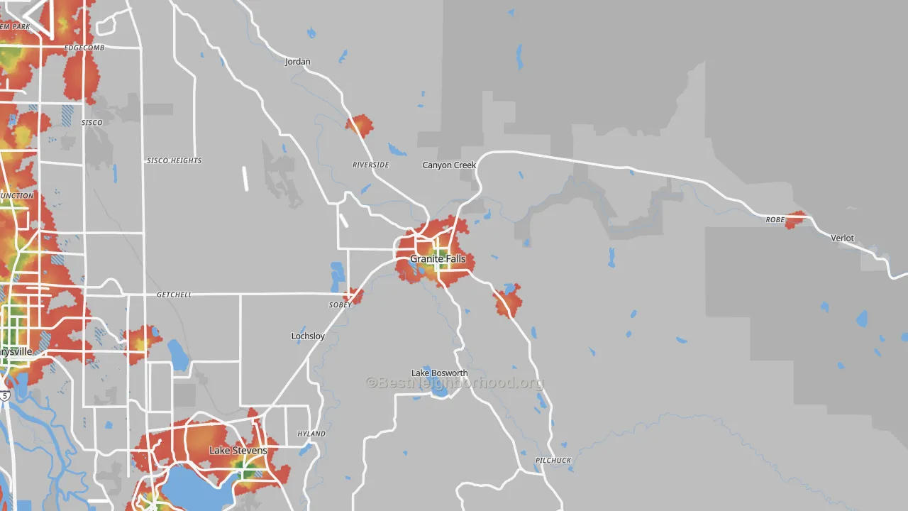 Walk Grade map of Granite Falls, WA, walkable areas in green and car-dependent areas in red