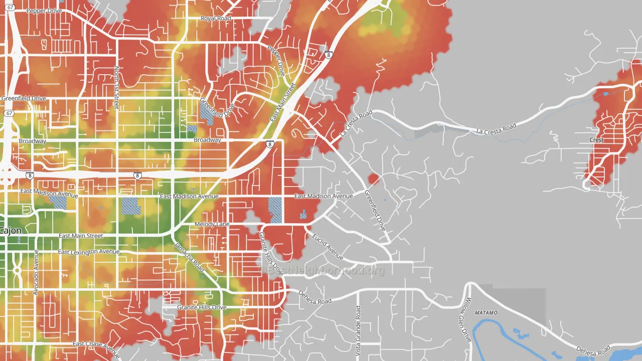 Walk Grade map of Granite Hills, El Cajon, CA, walkable areas in green and car-dependent areas in red