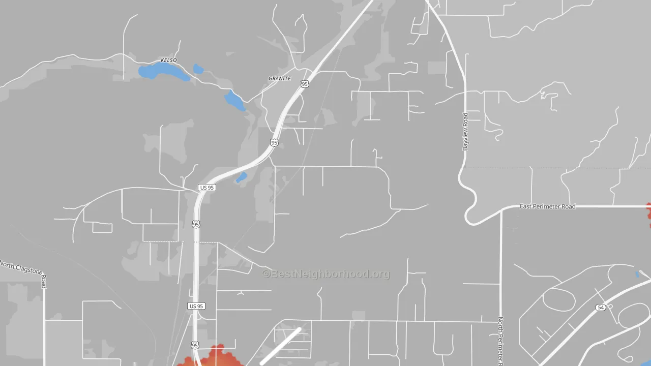 Walk Grade map of Granite, ID, walkable areas in green and car-dependent areas in red