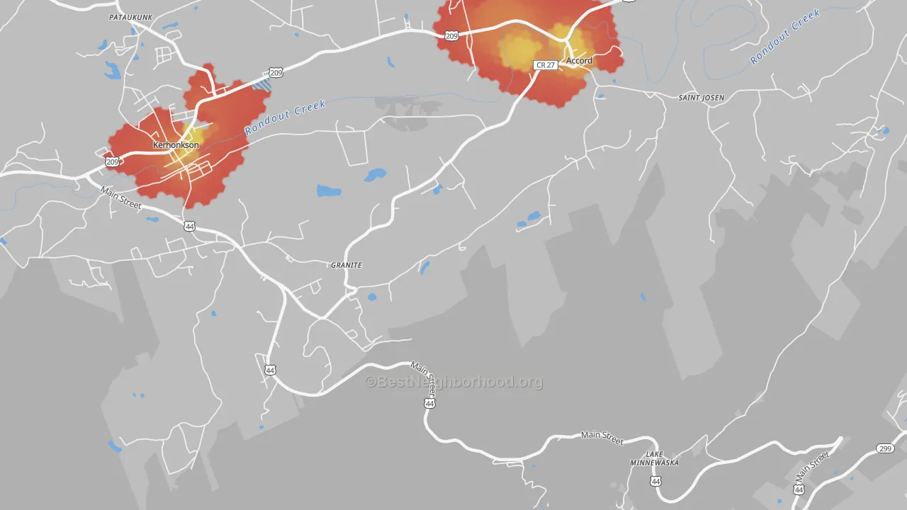 Walk Grade map of Granite, NY, walkable areas in green and car-dependent areas in red