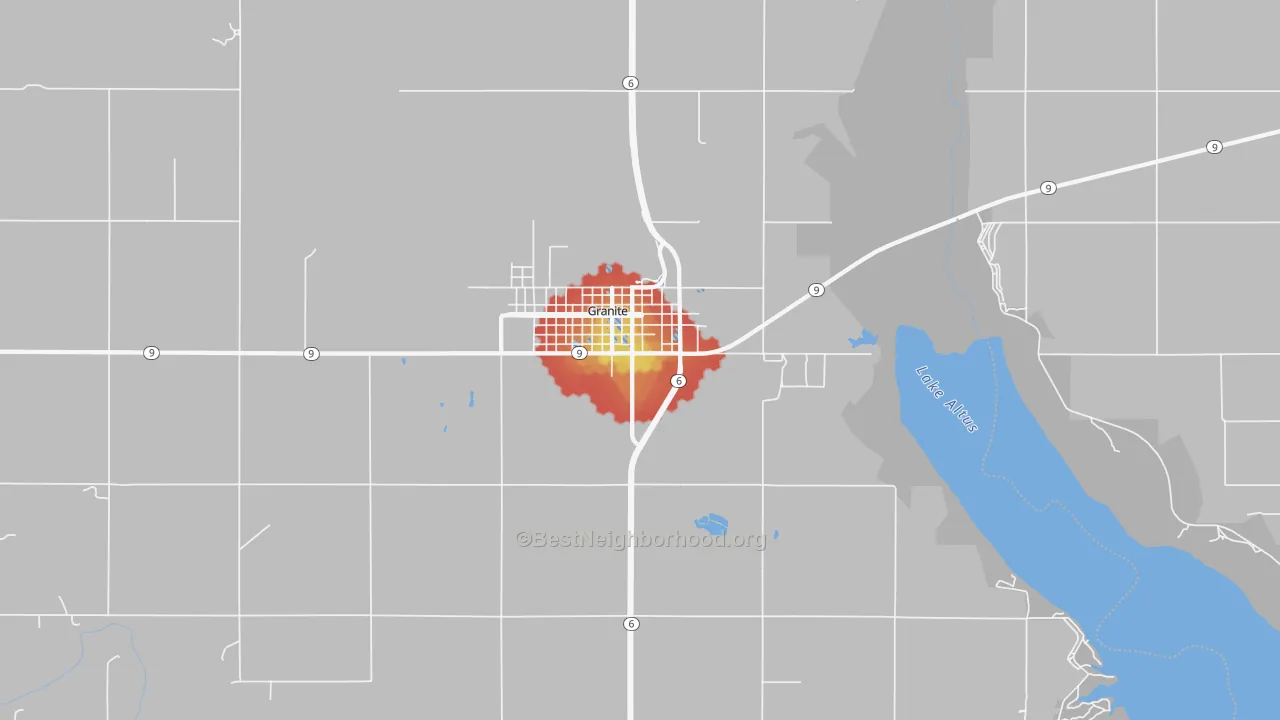 Walk Grade map of Granite, OK, walkable areas in green and car-dependent areas in red