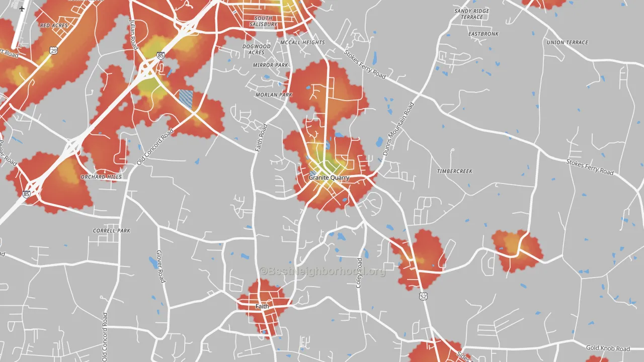 Walk Grade map of Granite Quarry, NC, walkable areas in green and car-dependent areas in red