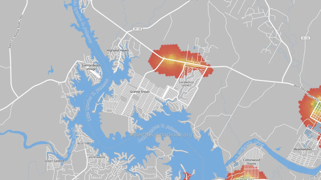 Walk Grade map of Granite Shoals, TX, walkable areas in green and car-dependent areas in red