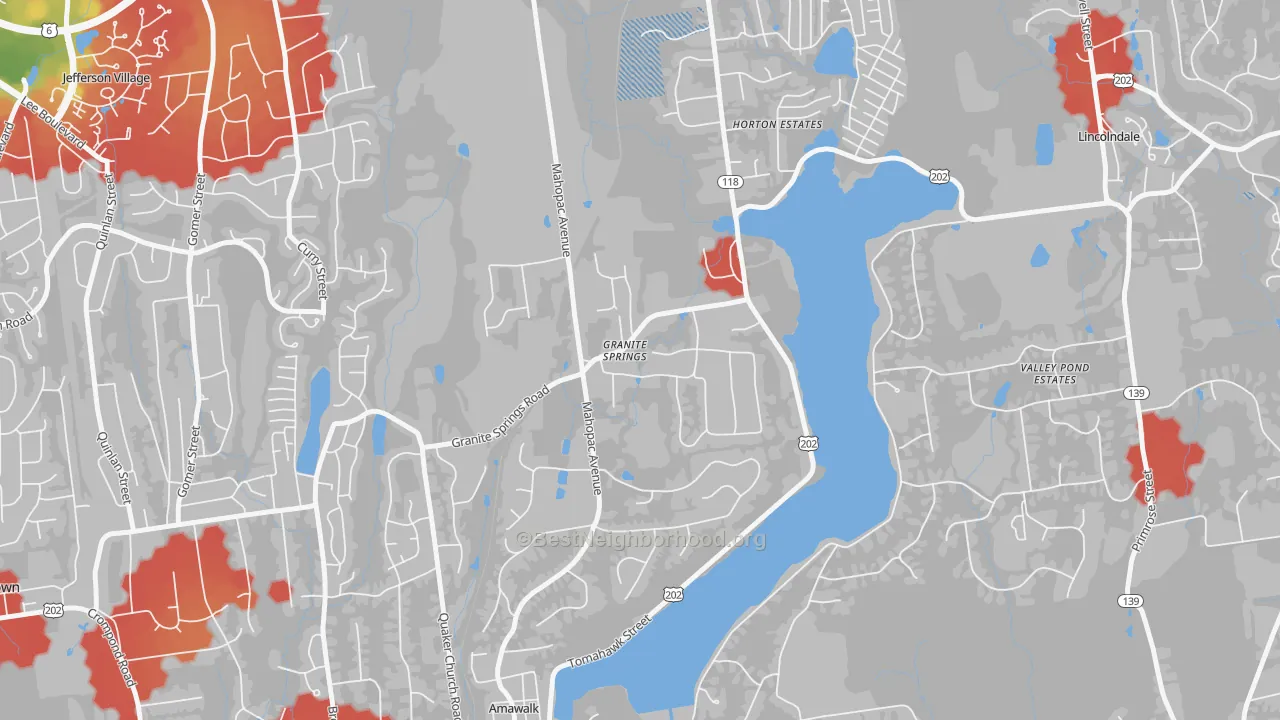 Walk Grade map of Granite Springs, NY, walkable areas in green and car-dependent areas in red