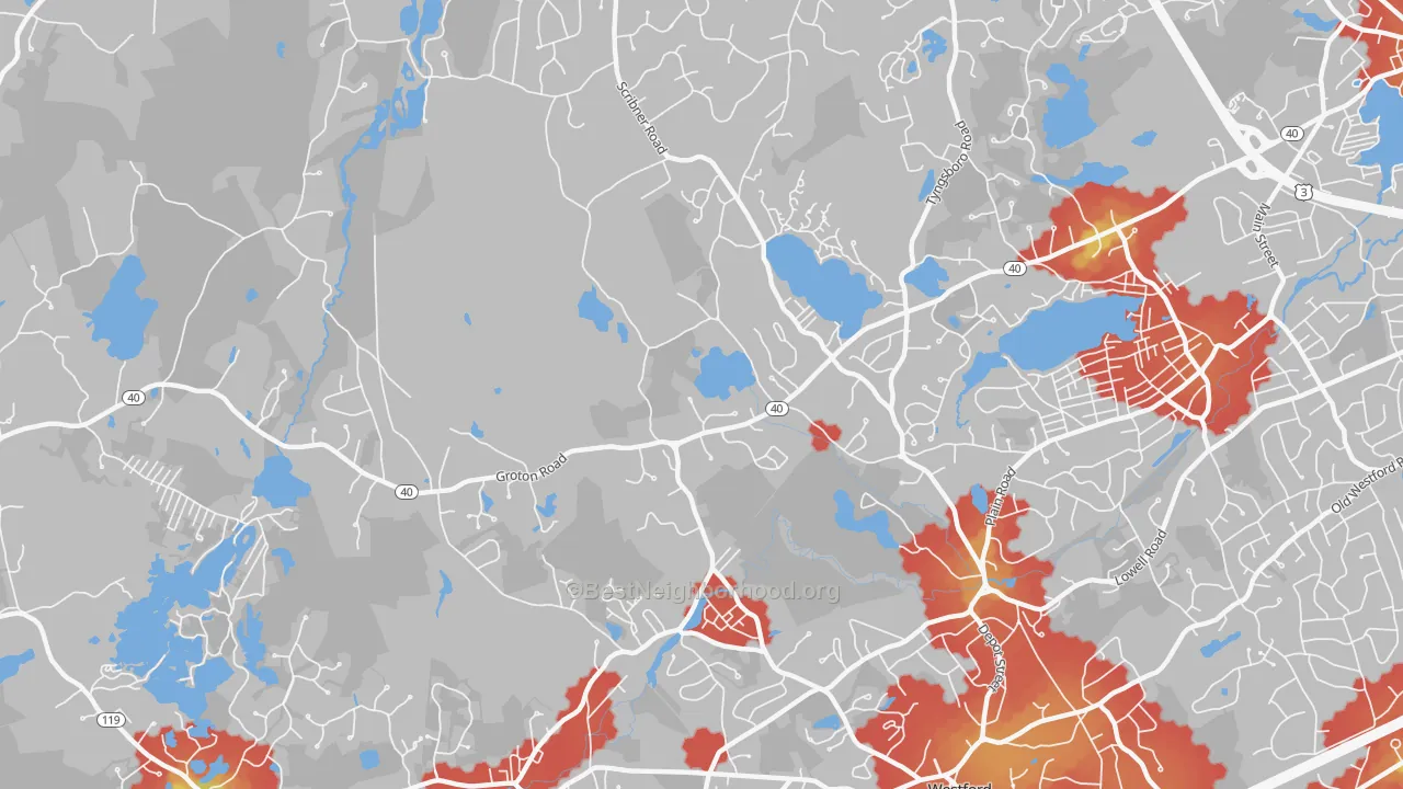 Walk Grade map of Graniteville, MA, walkable areas in green and car-dependent areas in red