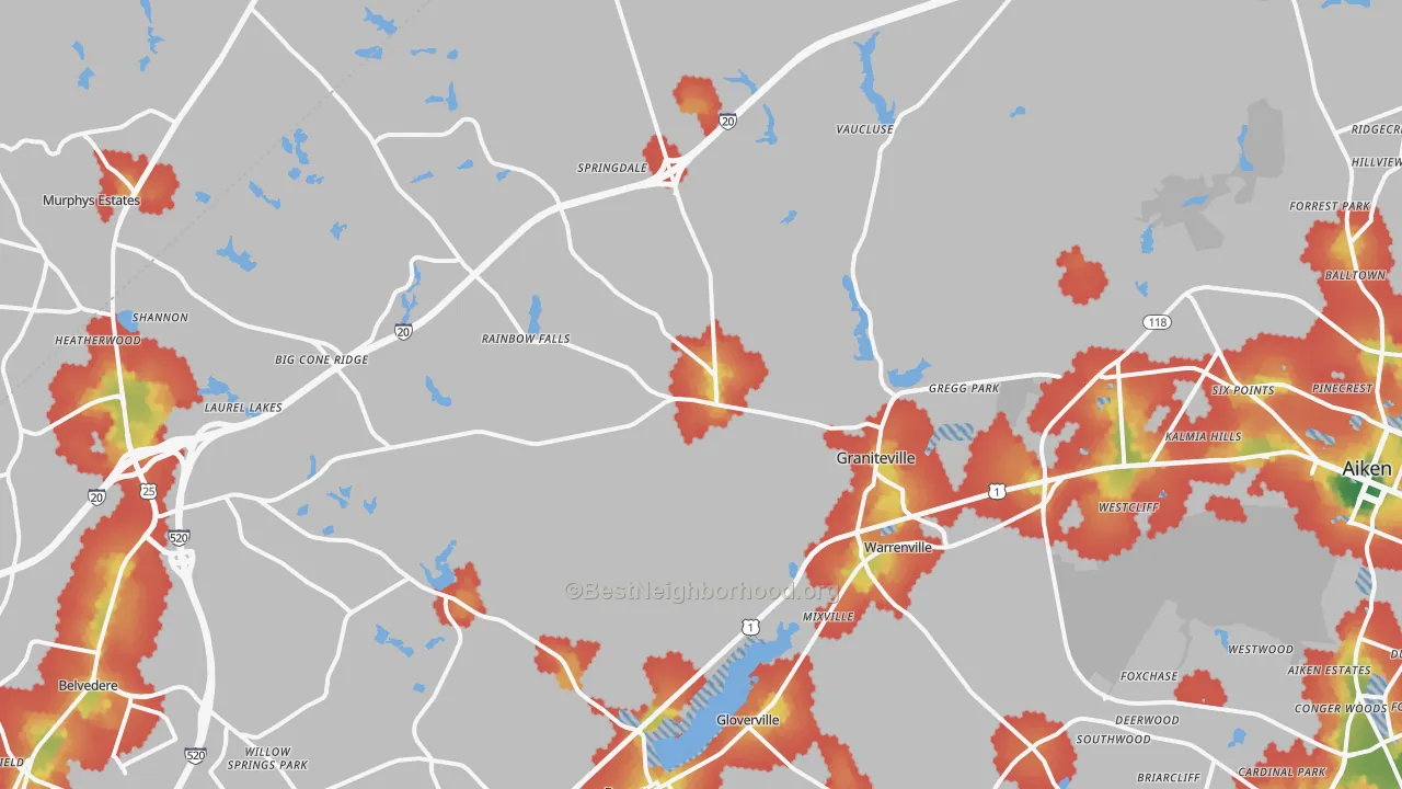 Walk Grade map of Graniteville, SC, walkable areas in green and car-dependent areas in red