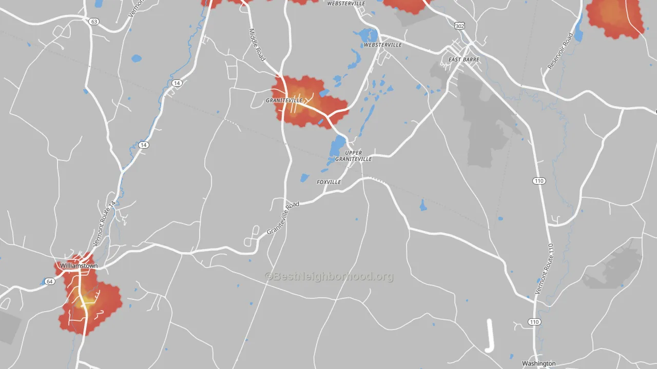 Walk Grade map of Graniteville, VT, walkable areas in green and car-dependent areas in red