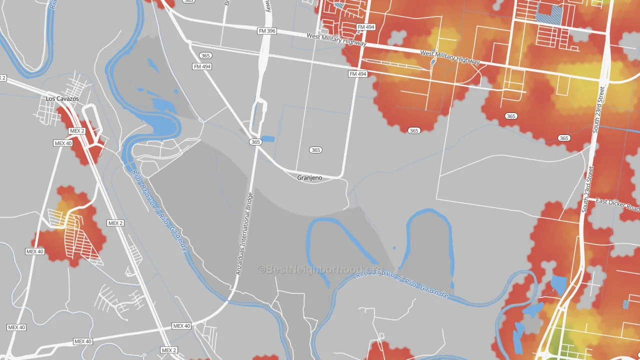 Walk Grade map of Granjeno, TX, walkable areas in green and car-dependent areas in red