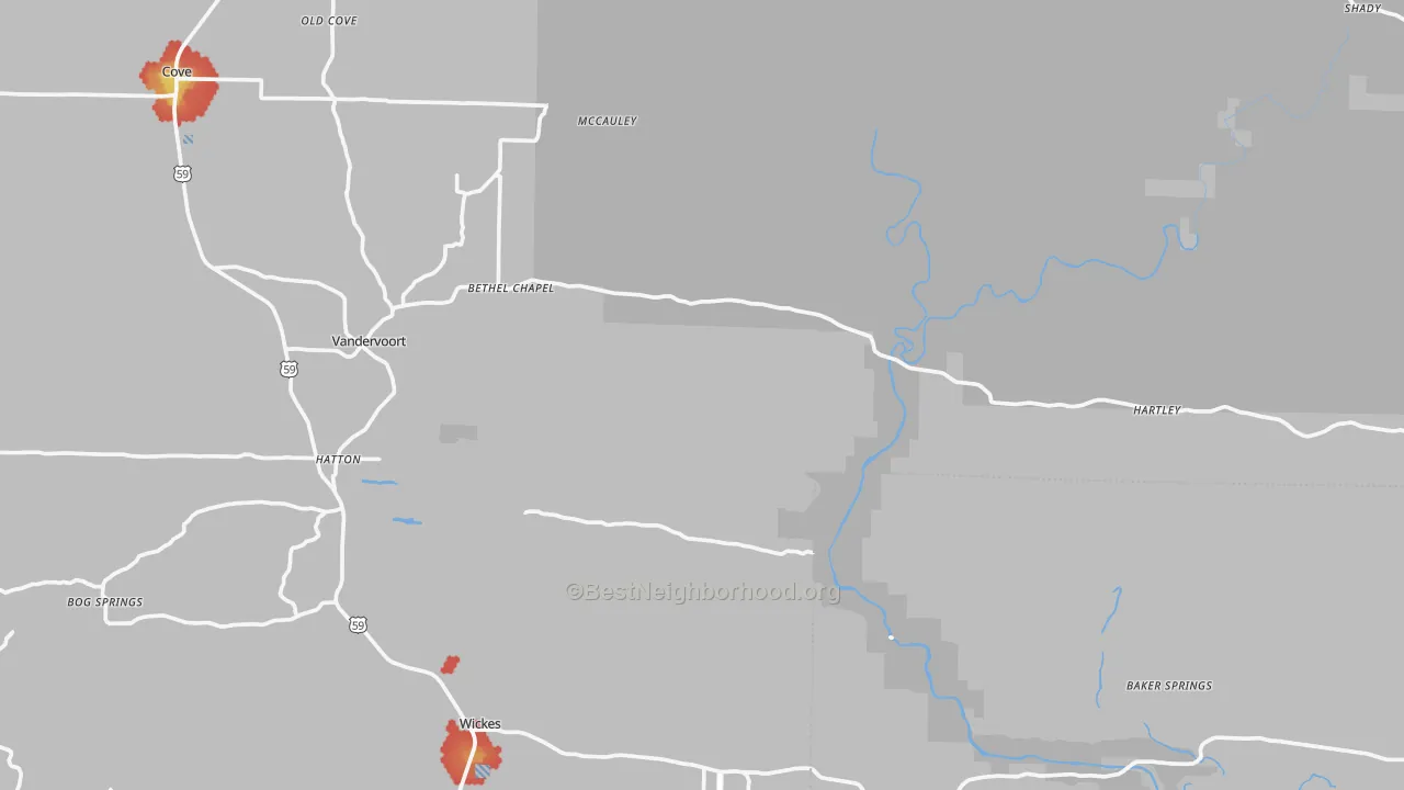 Walk Grade map of Grannis, AR, walkable areas in green and car-dependent areas in red