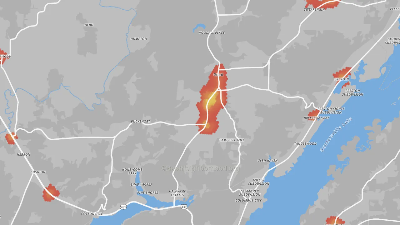 Walk Grade map of Grant, AL, walkable areas in green and car-dependent areas in red