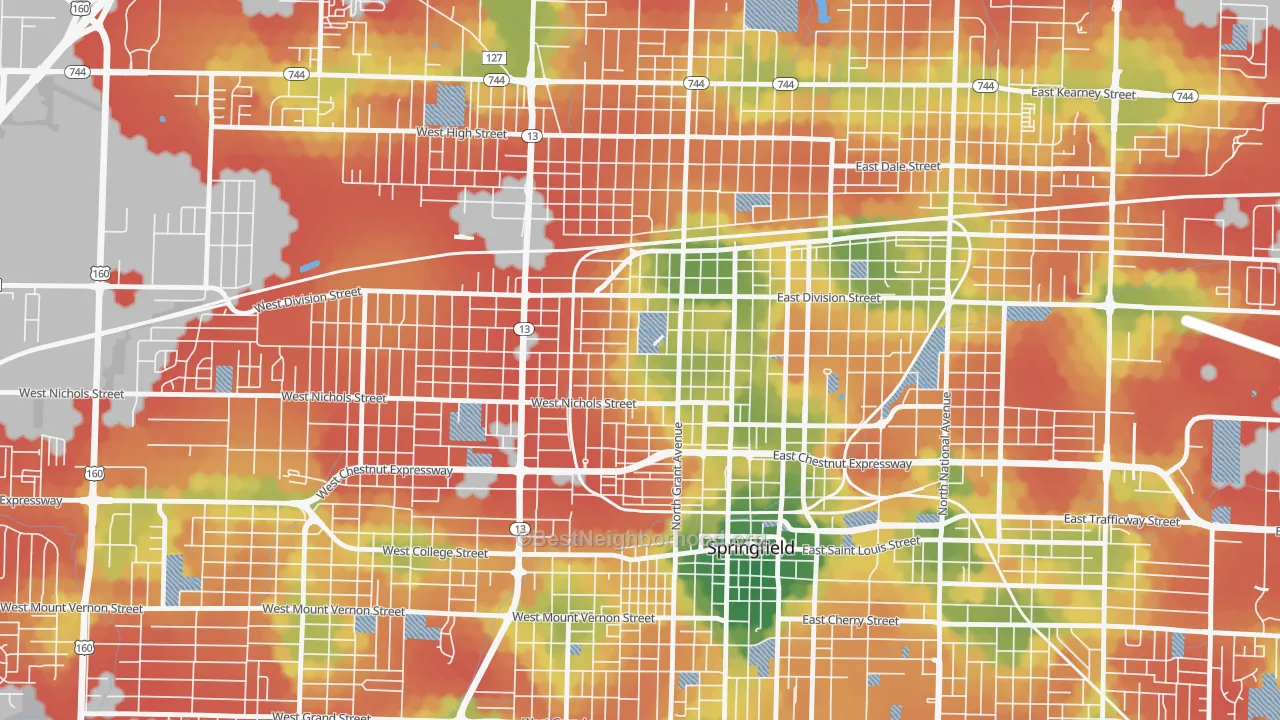Walk Grade map of Grant Beach, Springfield, MO, walkable areas in green and car-dependent areas in red