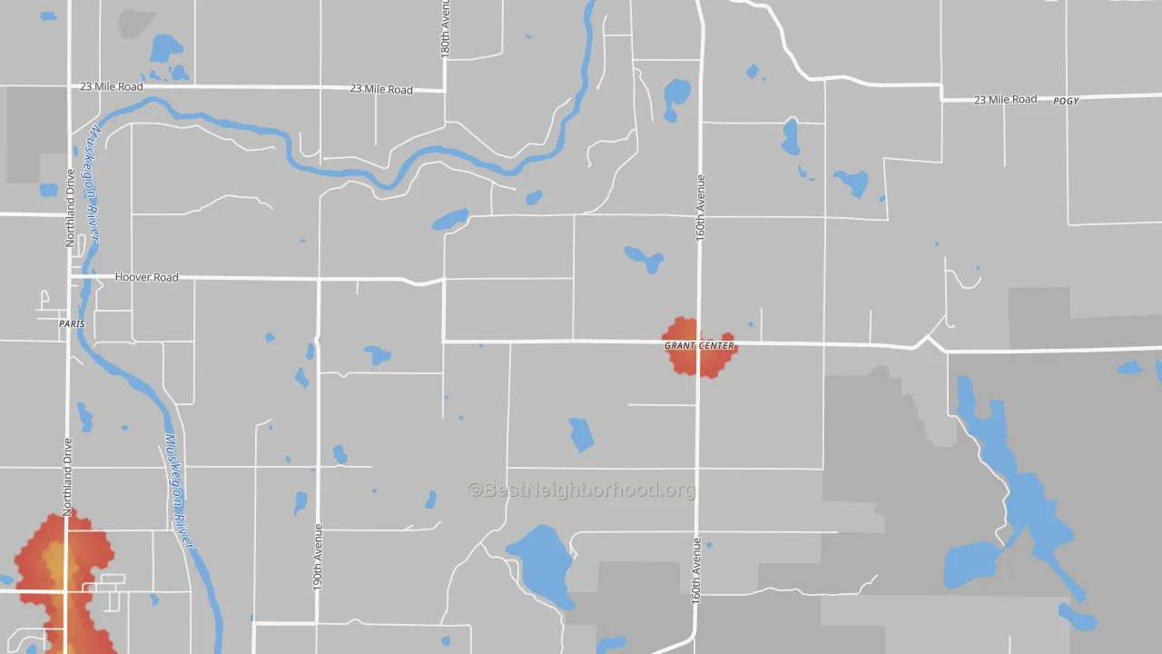 Walk Grade map of Grant Center, MI, walkable areas in green and car-dependent areas in red