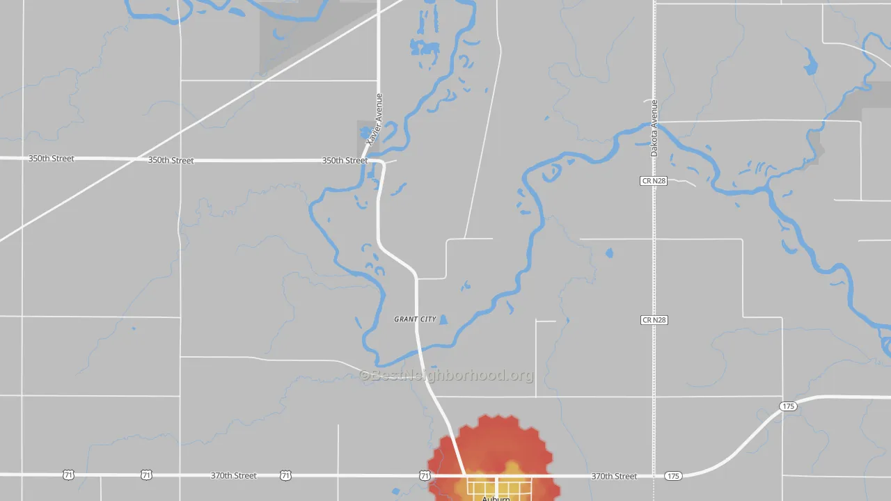 Walk Grade map of Grant City, IA, walkable areas in green and car-dependent areas in red