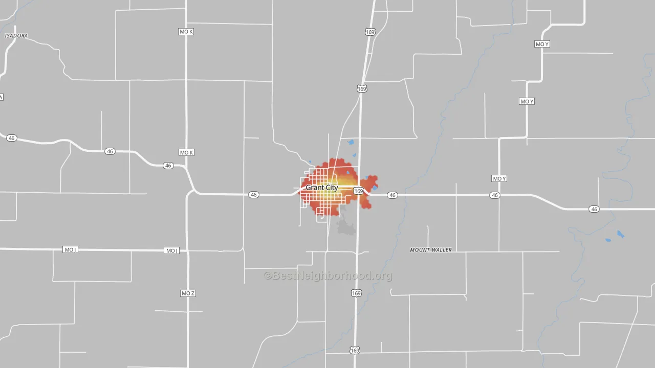 Walk Grade map of Grant City, MO, walkable areas in green and car-dependent areas in red